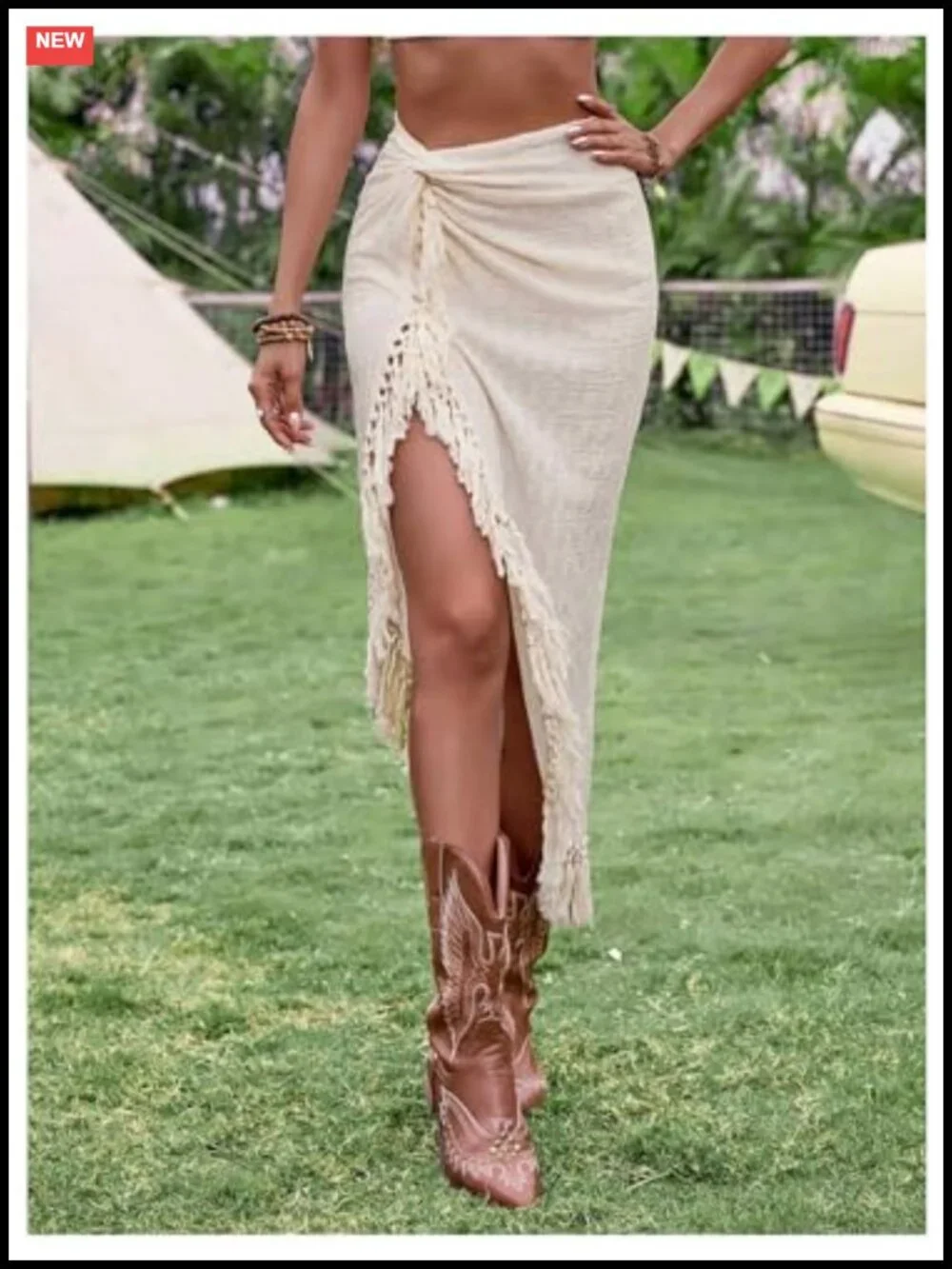 Boho Fringe Tassel Twist Front High Slit Midi Skirt
